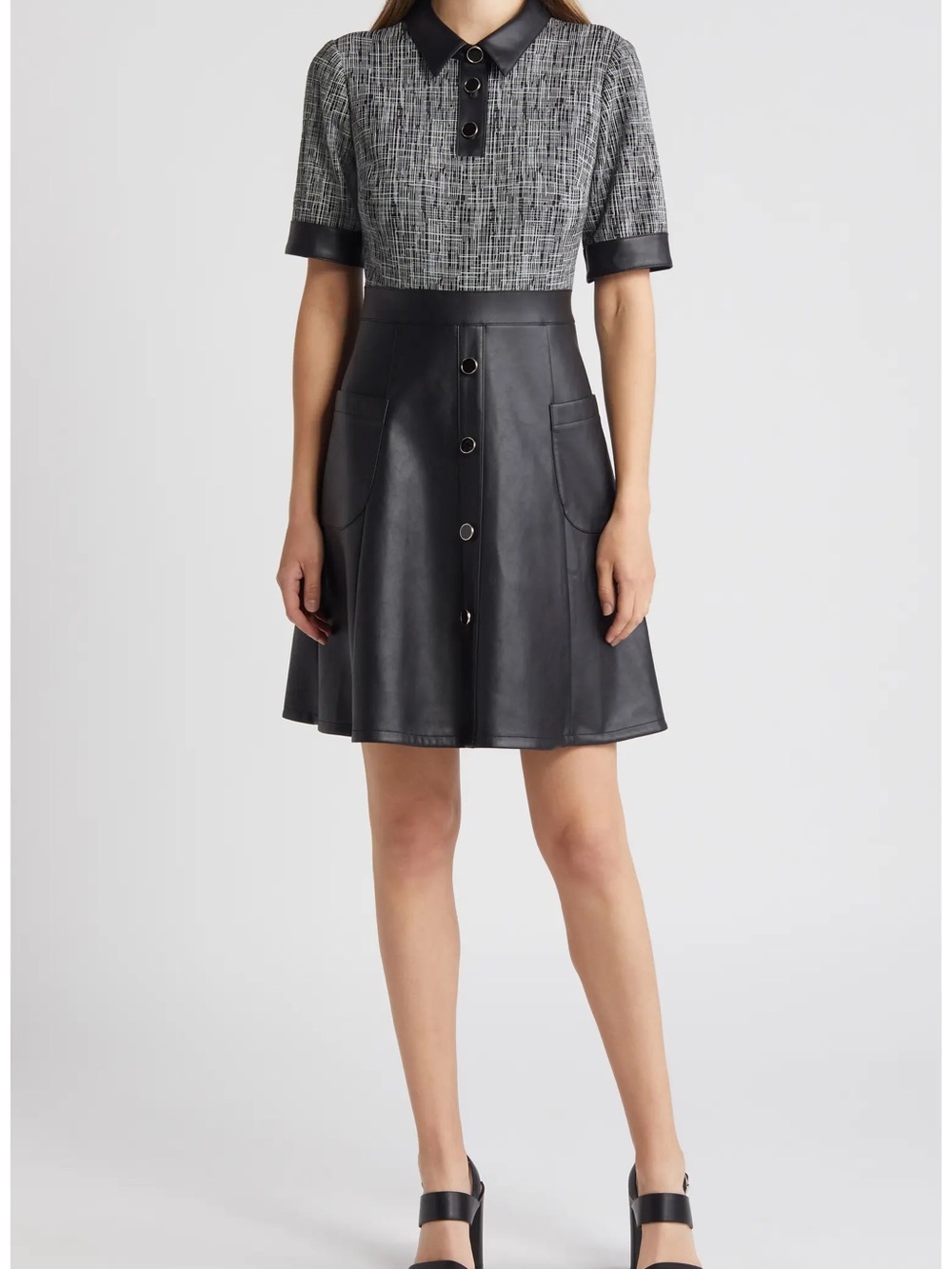 Eliza J Black Faux Leather A-Line Dress with Front Buttons